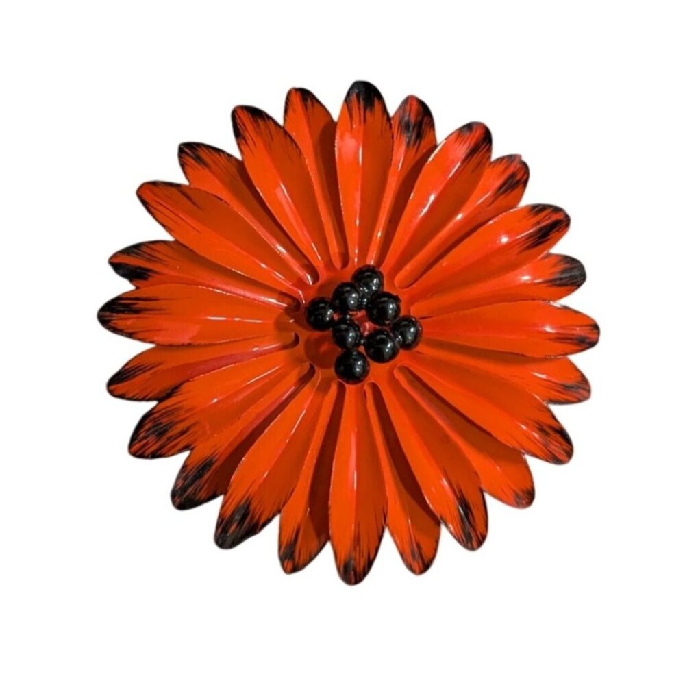 Enamel Flower Brooch Pin Red Black 3" Retro ‎ Metal Jewelry Daisy  Sunflower vtg